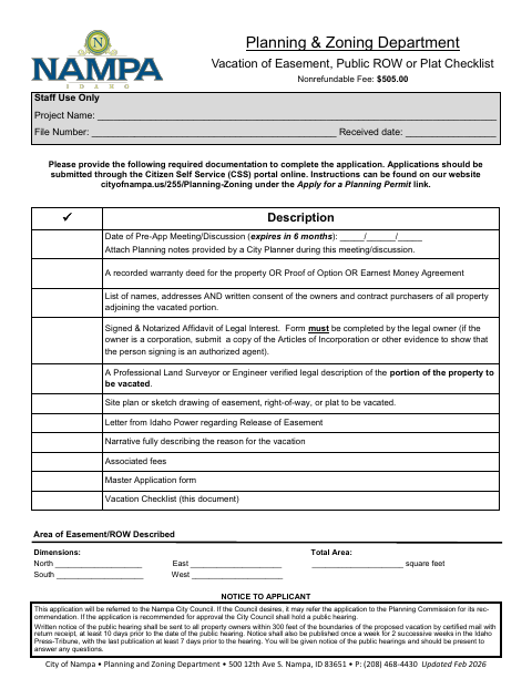 First page of the Vacation of Easement, Public Right-of-Way, or Plat Checklist
