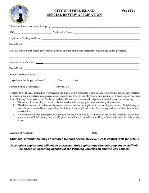 First page of the Special Review Application