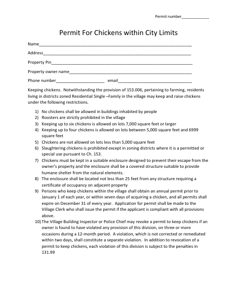 First page of the Permit For Chickens Within City Limits