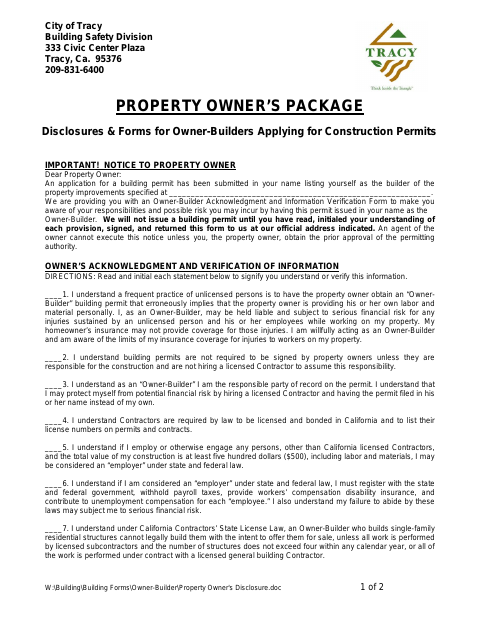 First page of the Property Owner’s Disclosure – Owner-Builder Package