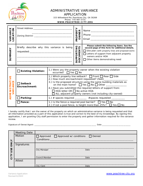 First page of the Administrative Variance Application