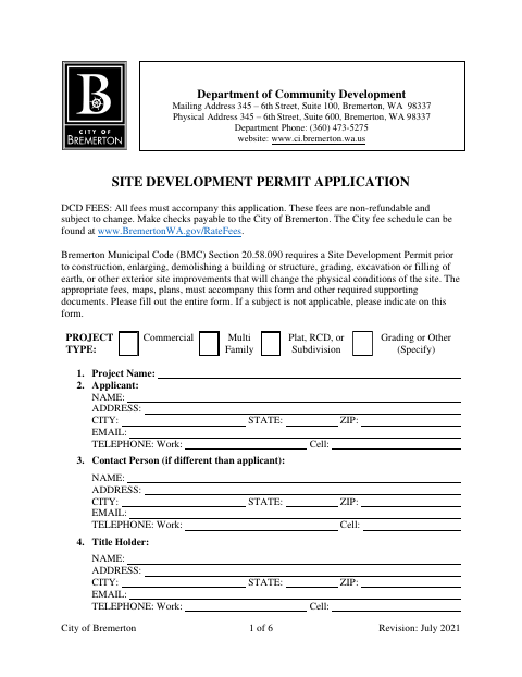 First page of the Site Development Permit Application