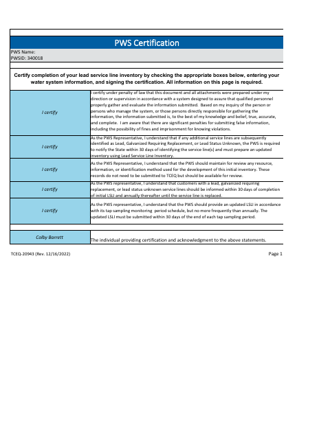 First page of the Lead Service Line Inventory Certification