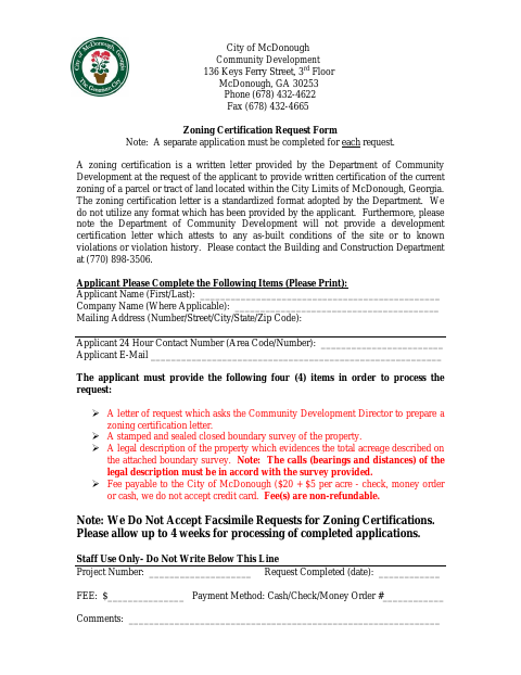 First page of the Zoning Certification Request Form