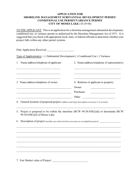 First page of the Shoreline Management Permit Application