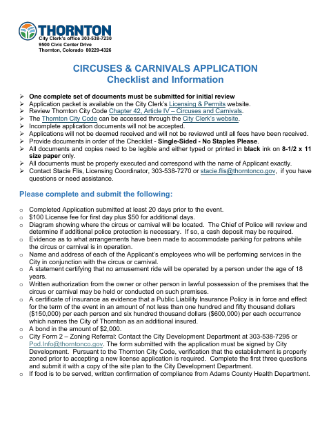 First page of the Circuses and Carnivals License Application