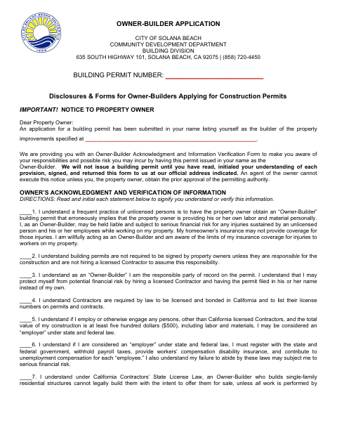 First page of the Owner-Builder Application