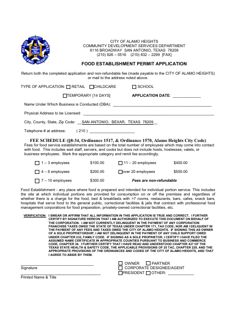 First page of the Food Establishment Permit Application