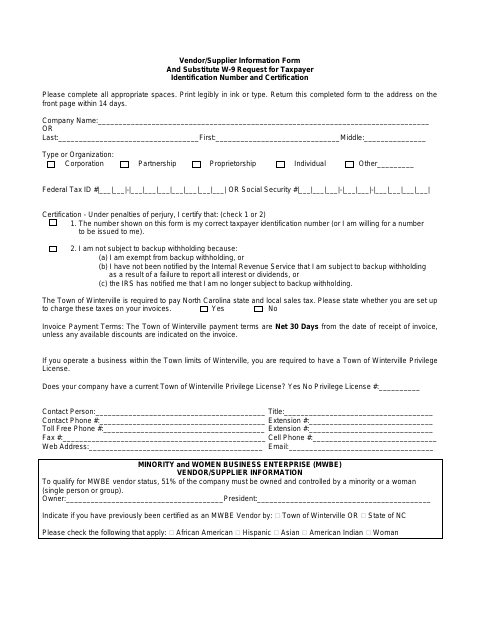 First page of the Vendor/Supplier Information Form and Substitute W-9