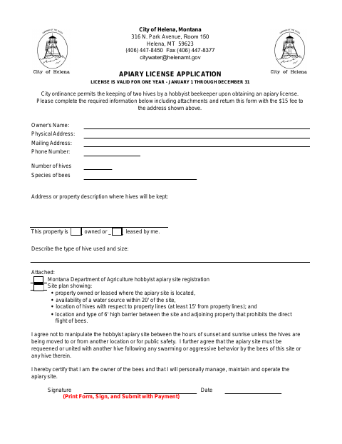 First page of the Apiary License Application