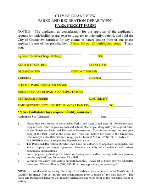 First page of the Park Permit Form