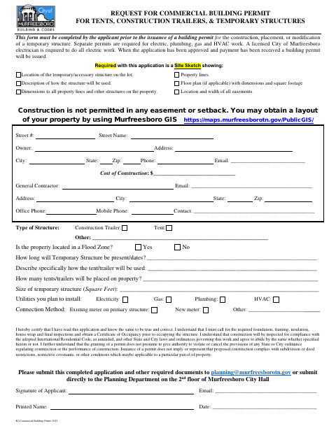 First page of the Commercial Building Permit for Tents, Construction Trailers, and Temporary Structures