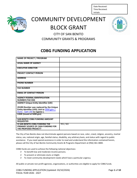 First page of the CDBG Funding Application