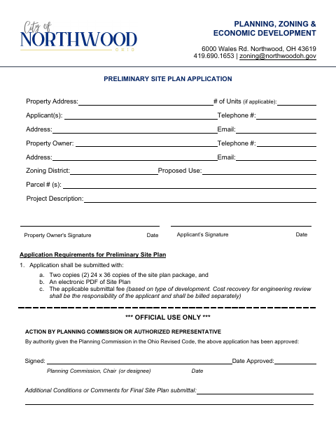 First page of the Preliminary Site Plan Application and Checklist