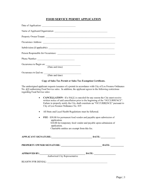 First page of the Food Service Permit Application