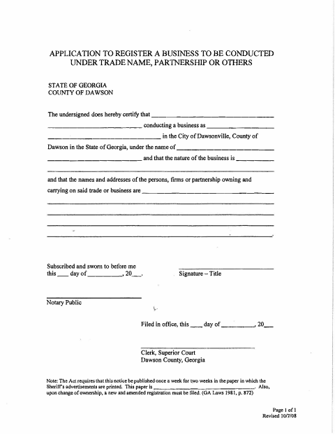 First page of the DBA Trade Name Application