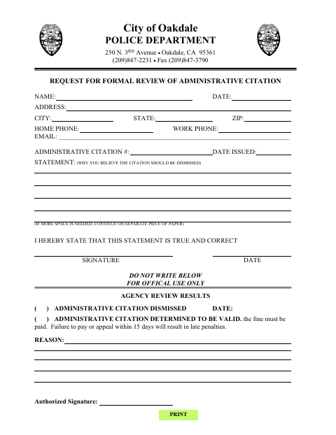 First page of the Request for Formal Review of Administrative Citation