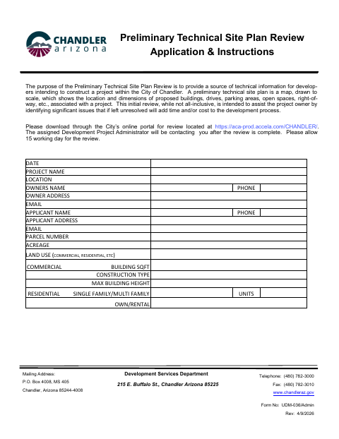 First page of the Preliminary Technical Site Plan Review Application & Instructions