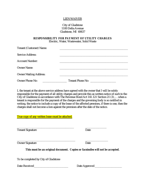 First page of the Lien Waiver (Utility Responsibility for Payment)