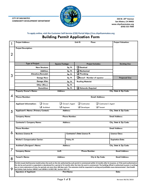 First page of the Building Permit Application Form