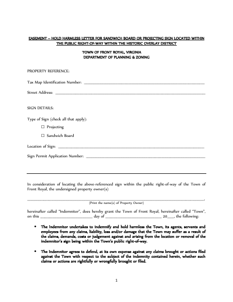 First page of the Easement Hold Harmless Letter for Signs in the Public Right-of-Way