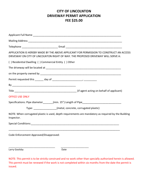 First page of the Driveway Permit Application