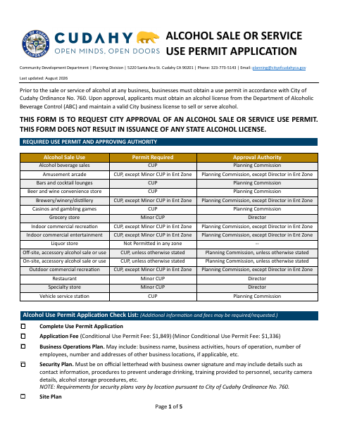 First page of the Alcohol Sale or Service Use Permit Application
