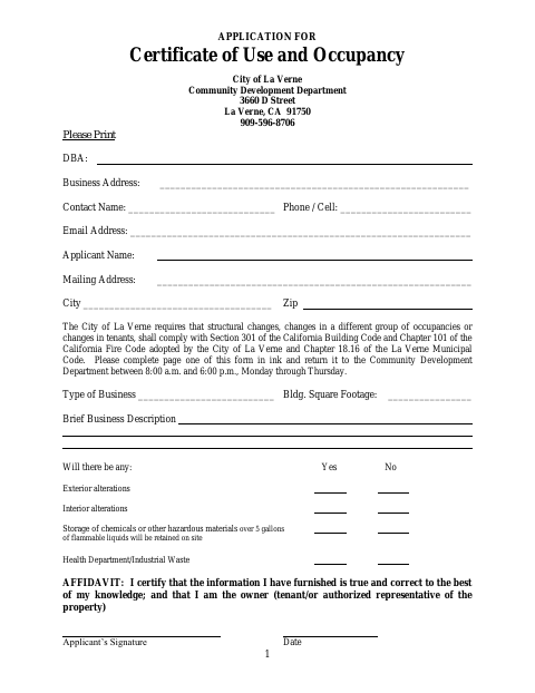 First page of the Certificate of Use and Occupancy Application