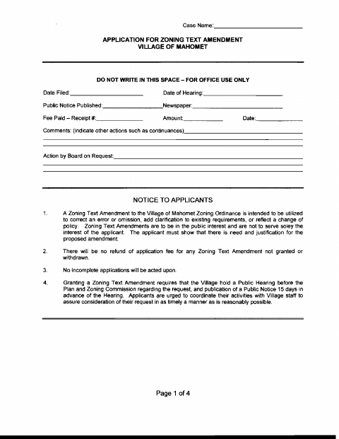 First page of the Application for Zoning Text Amendment