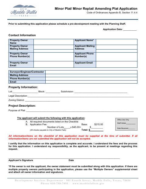 First page of the Minor Plat, Minor Replat, or Amending Plat Application
