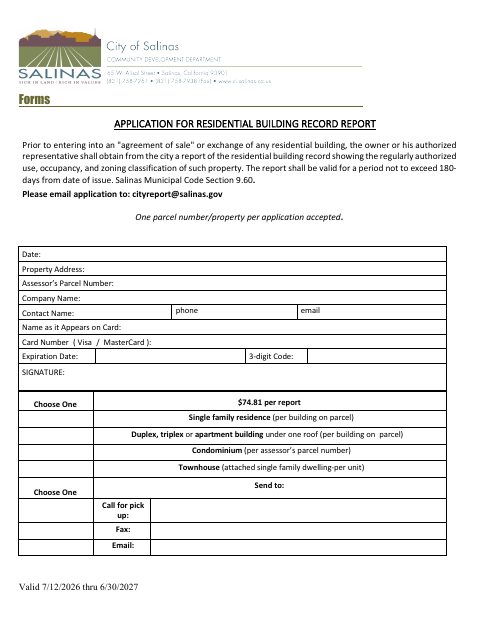 First page of the Application for Residential Building Record Report