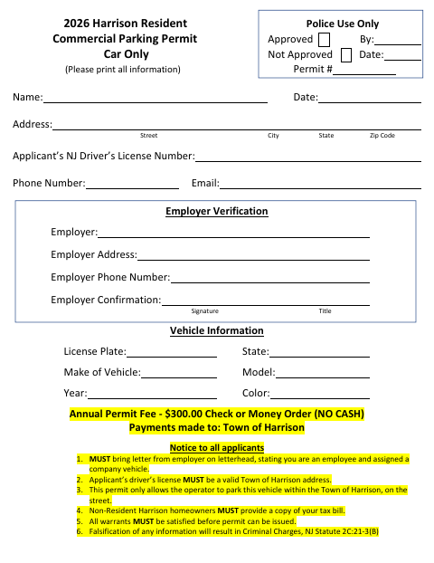 First page of the Commercial Parking Permit Application