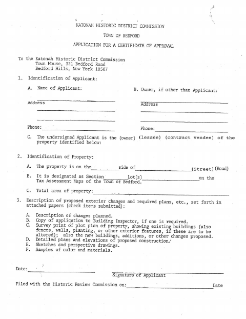 First page of the Application for Certificate of Approval (Historic District)