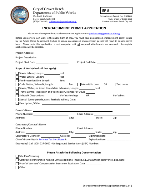 First page of the Encroachment Permit Application
