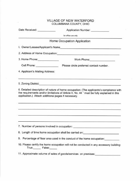 First page of the Home Occupation Application