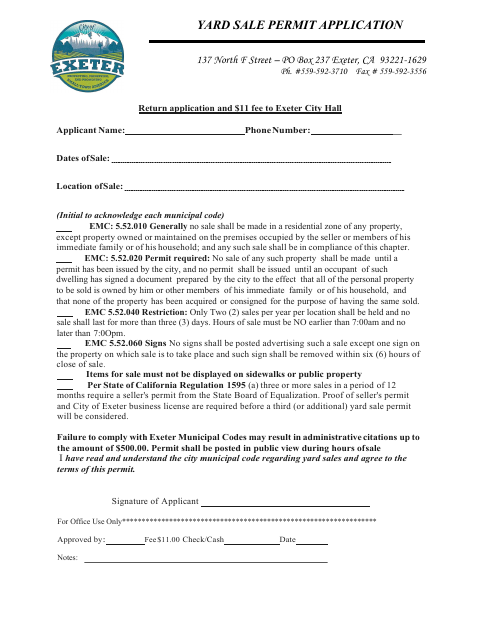 First page of the Yard Sale Permit Application