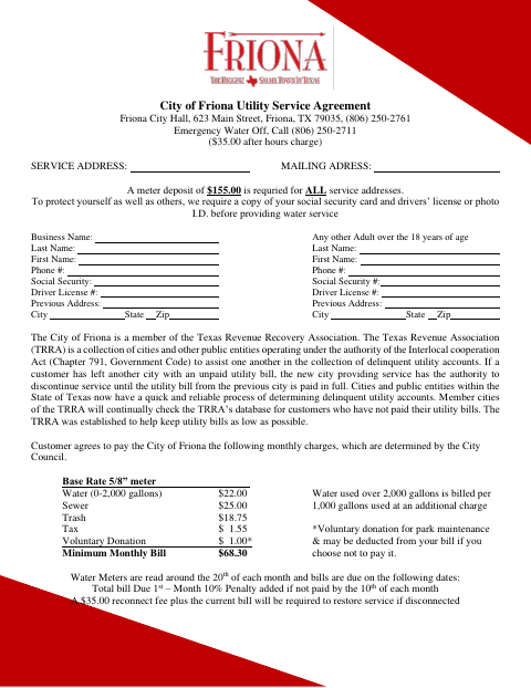 First page of the Utility Service Agreement