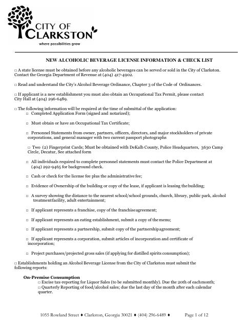 First page of the New Alcoholic Beverage License Application