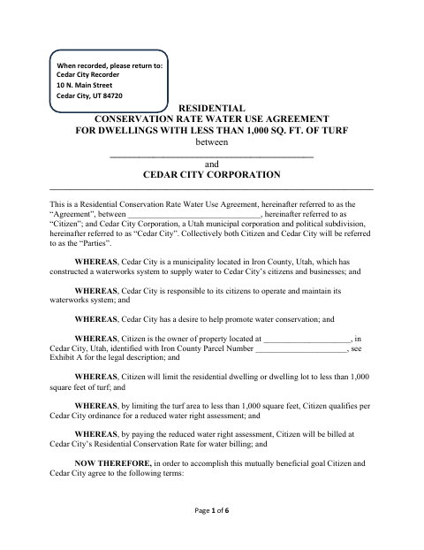 First page of the Residential Conservation Rate Water Use Agreement