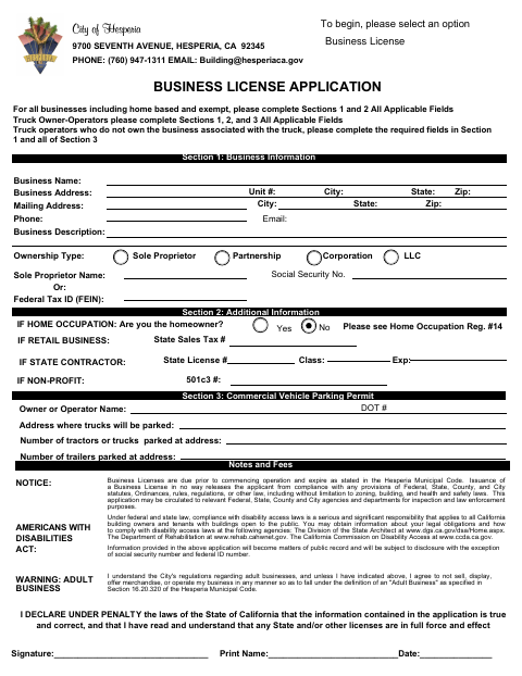 First page of the Business License Application