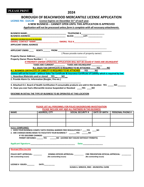 First page of the Mercantile License Application