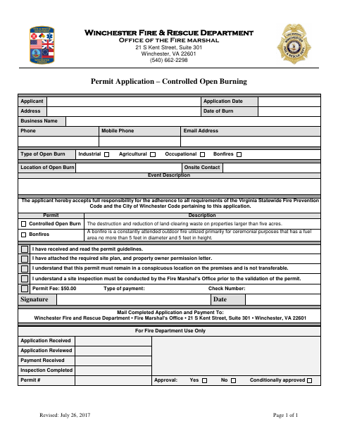 First page of the Permit Application – Controlled Open Burning