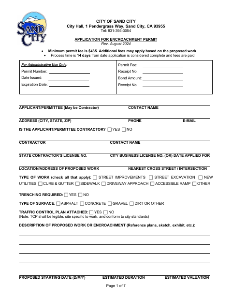 First page of the Application for Encroachment Permit