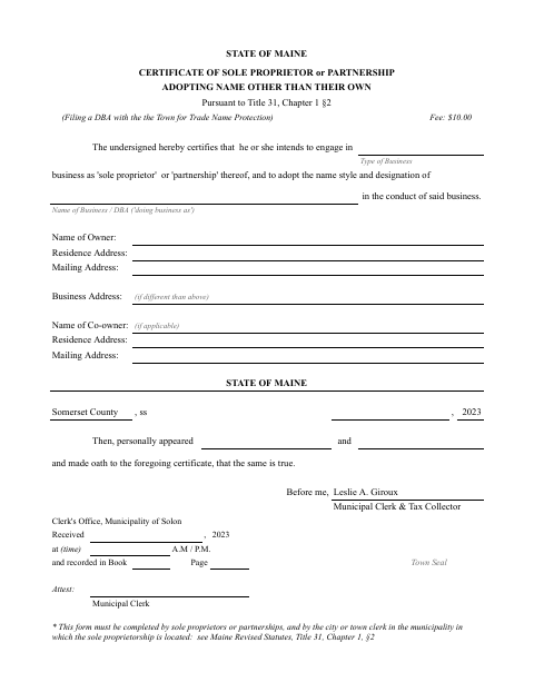 First page of the Sole Proprietor or Partnership Trade Name Certificate