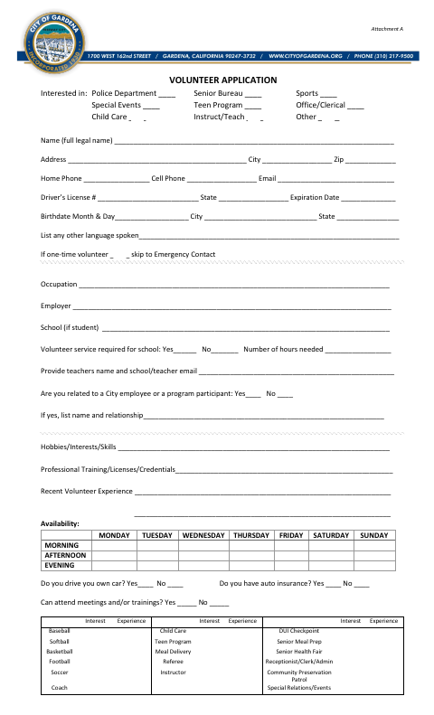 First page of the Volunteer Application