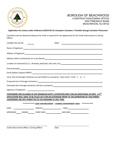 First page of the Application for License Under Ordinance #2019-04