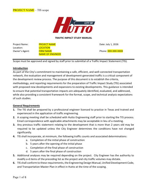 First page of the Traffic Impact Study Scope