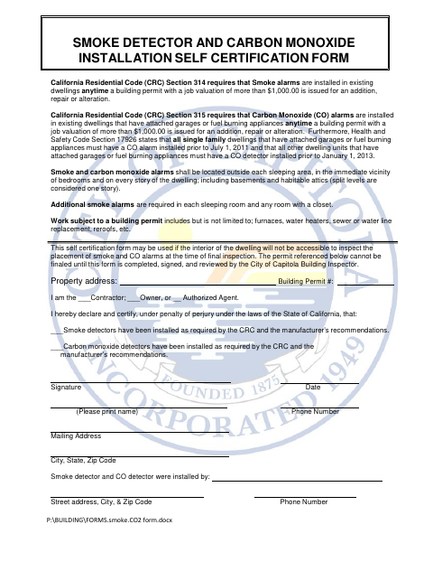 First page of the Smoke Detector and Carbon Monoxide Installation Self Certification Form