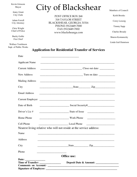 First page of the Application for Residential Transfer of Services
