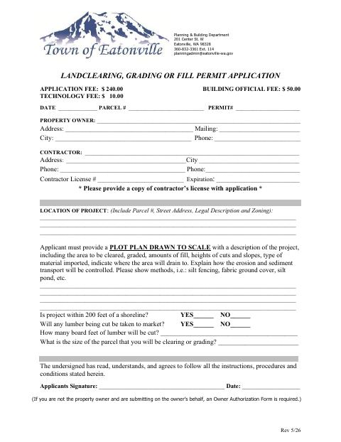 First page of the Land Clearing, Grading or Fill Permit Application